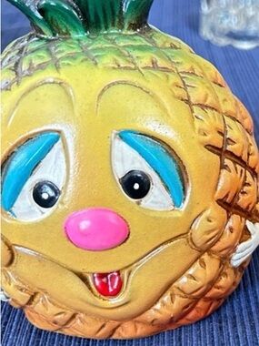 Vintage Pineapple Face Chalk ware Bank - Yellow with Teal Accents